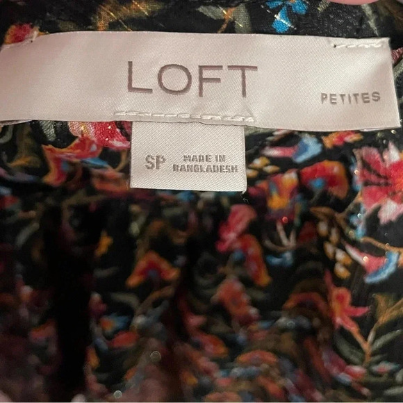 Loft floral tie back keyhole blouse black flutter sleeve top petite Small - Picture 5 of 6